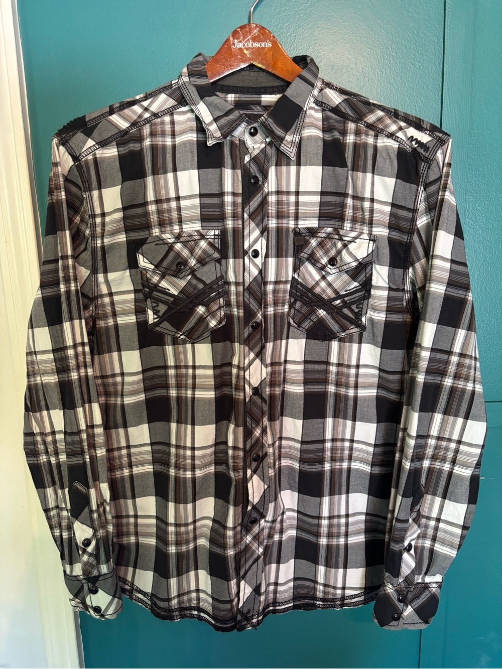 Buckle Black Men's Black & White Plaid Snap Front Shirt Relaxed Fit Size Medium